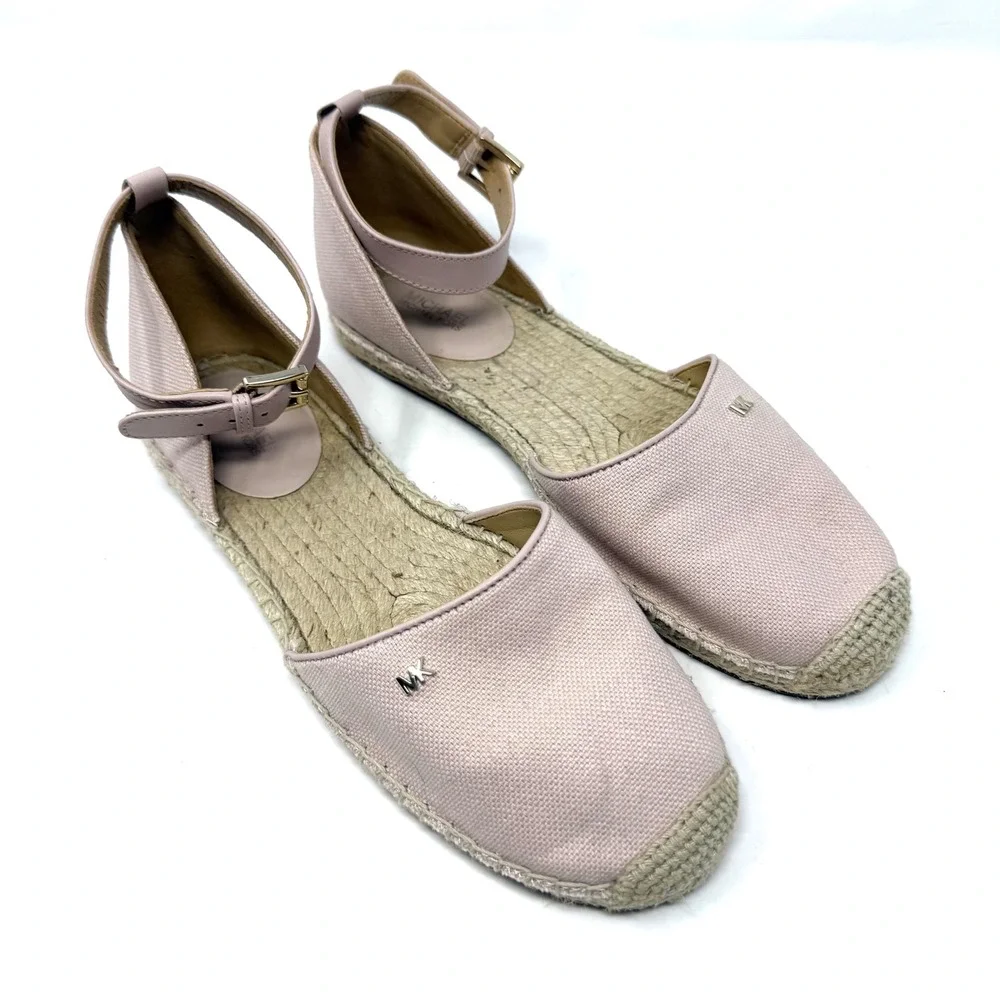 Michael Kors Womens Blush Pink Canvas Ankle Strap Espadrille Flats MK‎ Logo 7M